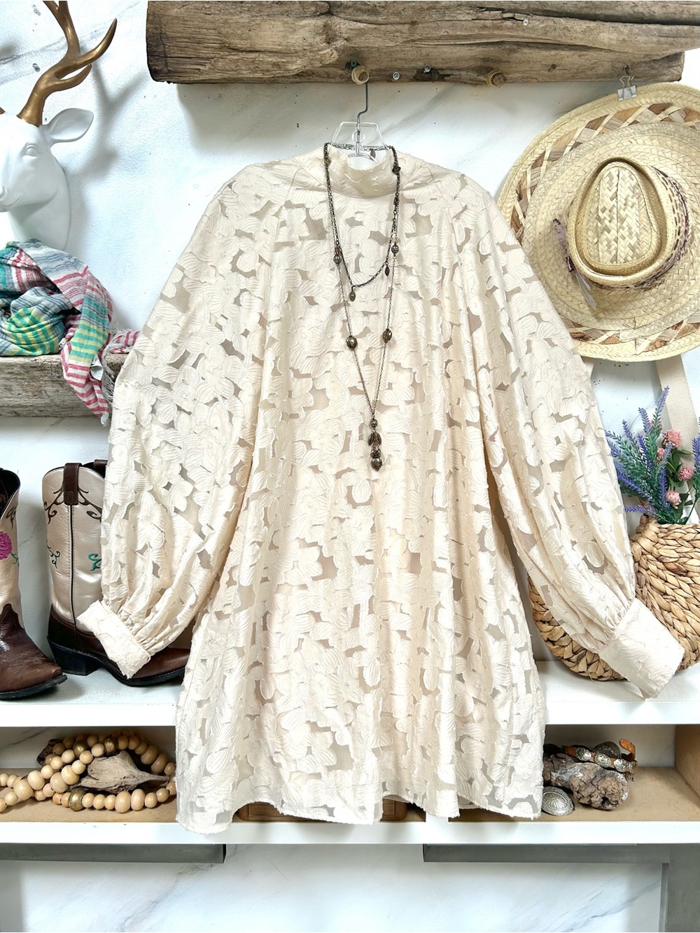 Cottagecore shabby chic Lace boho Smock Dress w resort vacay prairie vibe